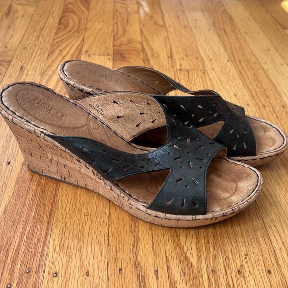 Børn Womens Slides Black Leather Wedges Boho Sz.10 - Picture 4 of 7